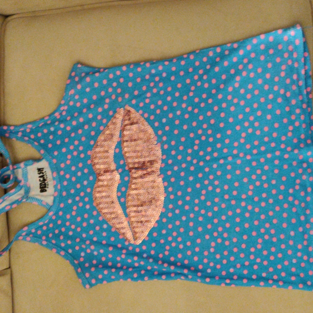 Blue & Pink Pockdots with Sequin Lips Sleep Top, Juniors L, BNWT